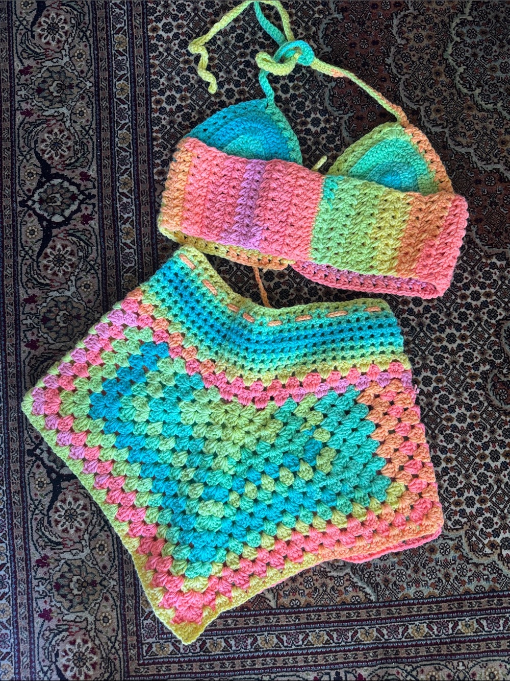 Handmade Crochet Bikini Top & Skirt Set - Neon Rainbow - Picture 4 of 4